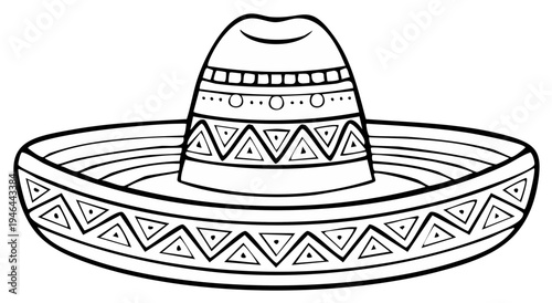 Mexican Sombrero Hat Illustration Black and White Vector Art