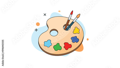 Wooden artist palette with various colorful paint splotches and brushes in simple modern flat illustration style.