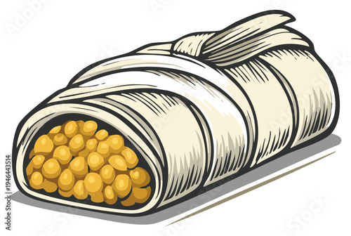 Illustration of a Mexican tamale with visible filling and wrapping