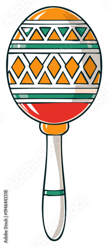 Vibrant maraca musical instrument featuring festive geometric and cultural patterns