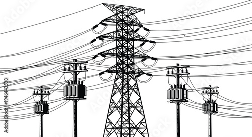 Electrical infrastructure, transmission tower, utility poles, power lines, transformers, energy distribution, electricity network, engineering vector, industrial design, flavector