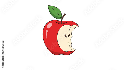 Ripe red apple with a bite taken out and a green leaf on stem in simple colorful cartoon illustration style.
