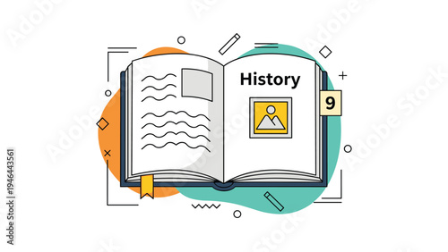 Open history textbook with bookmarks and decorative shapes in simple modern educational vector illustration.