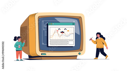 Children interacting with large vintage computer monitor displaying a friendly smiley graph in retro illustration.