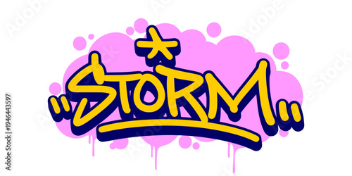 Storm Word Graffiti Tag with Bubble Effect and Pink Drip for Modern Urban Basketball Streetwear Design.