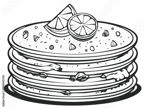 Black and White Pancake Stack with Orange Slices Graphic Illustration Featuring Breakfast Food and Citrus Fruit Topping