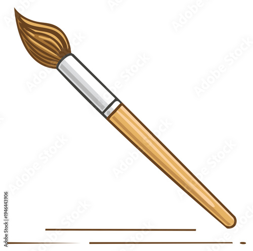 Artist's Paintbrush with Bristles and Wooden Handle Creating Lines