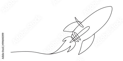 Continuous one line drawing of a rocket ship launching into space with exhaust clouds Vector, illustration. Rocket taking off in one line art style. Spaceship drawing with  black stroke on white.