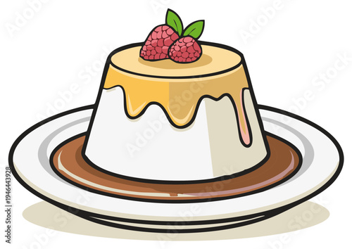 Delicious panna cotta dessert topped with fresh raspberries and caramel sauce