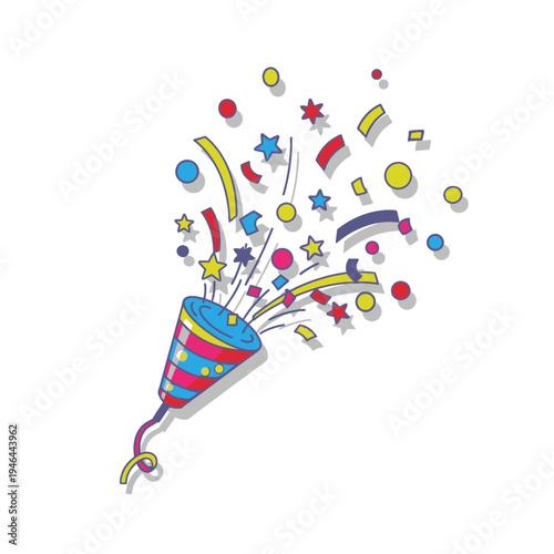 Colorful party horn with confetti and stars.