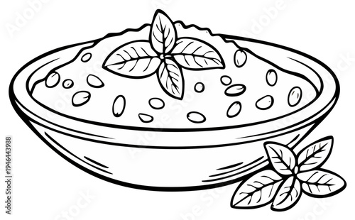 Illustration of a bowl of pesto with basil leaves and pine nuts