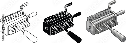 Manual pasta maker machine vector illustration set including outline solid and isometric styles ideal for kitchen appliance graphics and food industry designs