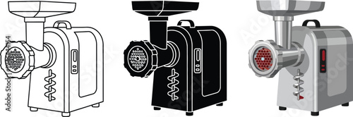 Set of electric meat grinder illustrations featuring outline solid black and realistic styles perfect for kitchen appliance designs or food preparation concepts
