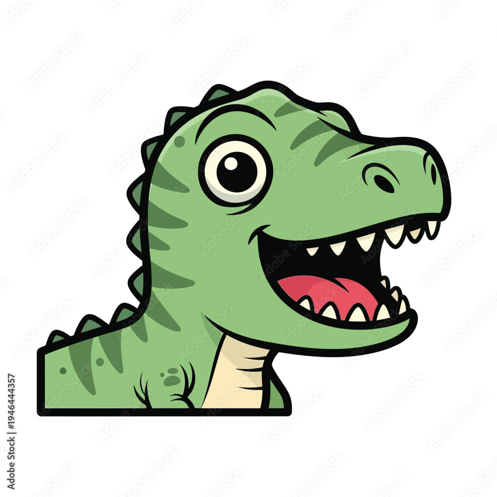 Obraz premium Adorable cartoon Tyrannosaurus Rex peeking from below with a wide, happy grin and playful green scales, perfect for children's educational content and playful designs.