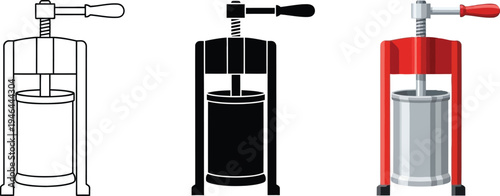 Traditional manual fruit press icon set presented in outline silhouette and color variations ideal for food and beverage designs or agricultural concepts