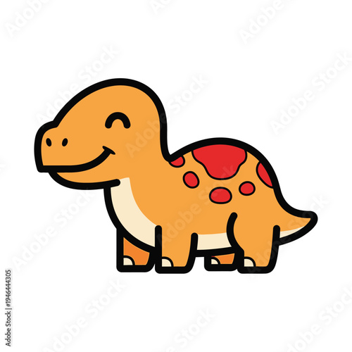 Adorable cartoon baby Brontosaurus dinosaur with orange skin, red spots, a happy smiling face, and chubby body, perfect for children's books and educational content.