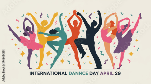 Dancers celebrate international dance day with colorful poses and confetti on april 29 symbolizing joy and movement
