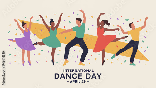 Diverse dancers celebrate international dance day with joyful movements and colorful outfits on a festive background