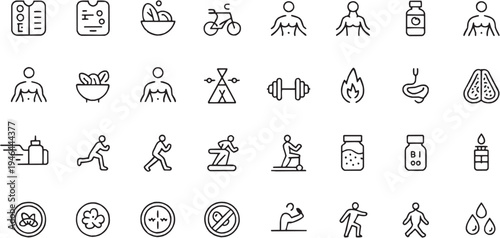 Sports and training icon set. Contain icons related to workout training, gym exercise, athlete activities, weightlifting, running practice, fitness equipment and more. Editable stroke. Vector Illustra