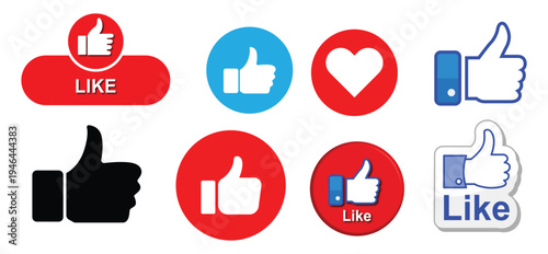 Vibrant collection of social media like icons in flat design vector illustration, featuring thumbs up, hearts, and approval symbols for digital marketing and engagement.