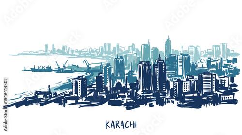 A stylized sketch of the Karachi skyline, featuring modern skyscrapers and a distant port with cranes.