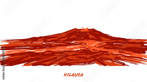 A vibrant, abstract depiction of Kilauea volcano erupting with molten lava flowing down its slopes.