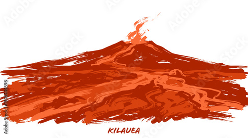 A stylized illustration of Kilauea volcano erupting with molten lava flowing down its sides.