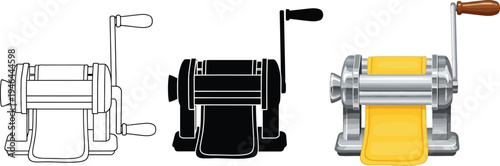 Set of pasta maker machines presented in outline silhouette and realistic styles with fresh dough ideal for culinary graphics cooking blogs and kitchen appliance designs