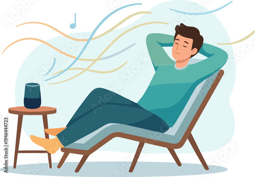 Man relaxing on a lounge chair listening to music on a speaker