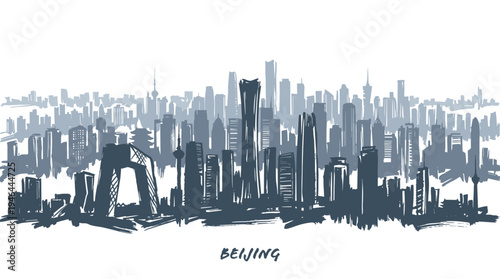 A detailed sketch of the Beijing skyline, showcasing modern skyscrapers and iconic architecture.