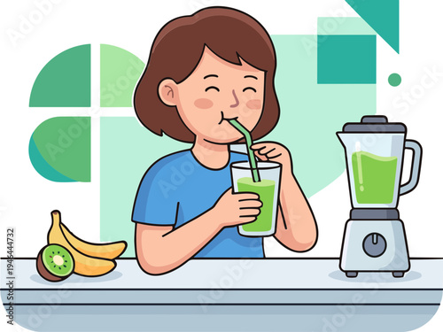 A young girl is drinking a green smoothie with a blender and fruit on the table indoors.