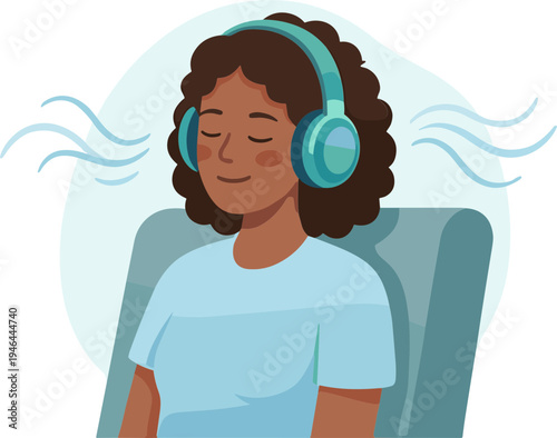 Woman wearing headphones relaxing on chair with eyes closed in calm environment