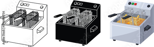 Set of commercial deep fryers featuring line art silhouette and realistic vector illustrations ideal for restaurant equipment and fast food concepts