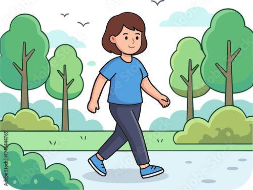 A woman walks on a path in a park with trees and bushes around her.