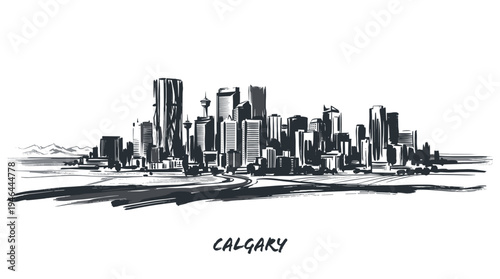 A detailed black and white sketch of the Calgary skyline, showcasing numerous skyscrapers and the iconic Calgary Tower.
