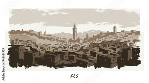 A sepia-toned illustration depicts a sprawling ancient city with numerous buildings and minarets rising from hilly terrain.