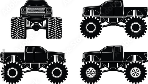Monster truck vector set with front and side views, lifted pickup with oversized tires, off road vehicle silhouette illustration for automotive design, decals, stickers