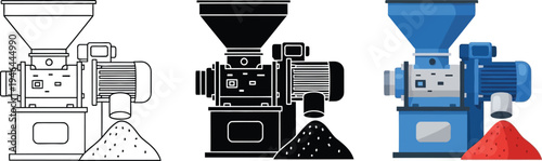 Grinding machine vector illustration set depicting industrial pulverizers in outline silhouette and flat design for various processing applications