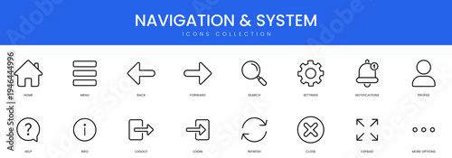 Essential UI line icons for application navigation system controls and user interface interactive elements