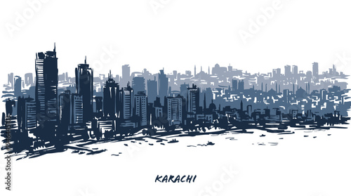 A monochromatic sketch of the Karachi skyline, showcasing a dense collection of modern skyscrapers and buildings.