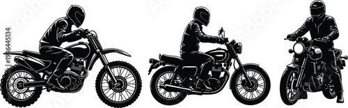 Motorcycle silhouettes, dirt bike rider, street motorcycle, cruiser bike, helmet safety, protective gear, motorbike action, riding posture, adventure sport, flavector