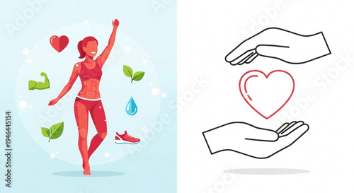 Fitness and wellness concept with woman exercising and hands holding heart