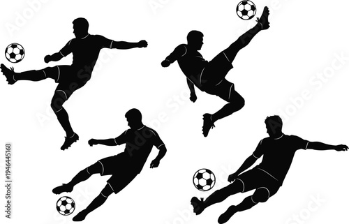 Soccer silhouettes, bicycle kick, sliding tackle, passing shot, dynamic players, football action, athletic movement, competitive sport, teamwork, energy, flavector