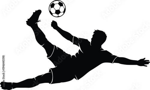 Soccer silhouette, bicycle kick, airborne player, dynamic action, football skill, athletic movement, competitive sport, goal scoring, energy, teamwork, flavector