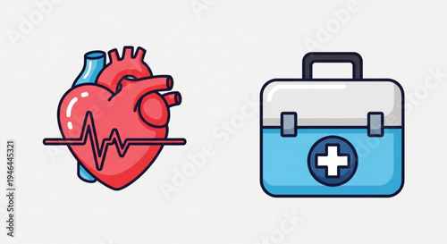 Medical icons set with heart and first aid kit on white background symbolizing healthcare and emergency response