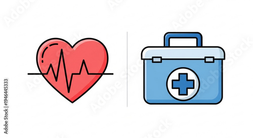 Medical icons set with heart and first aid kit on white background for healthcare concepts