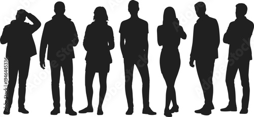 Silhouette vector illustration of seven diverse people standing together, group unity concept, modern character posture design for business communication visuals