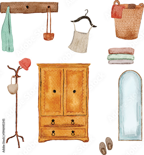 hand painted  closet essentials with, mirror, . hanger, folded clothes, bag, laundt basket illustration vector