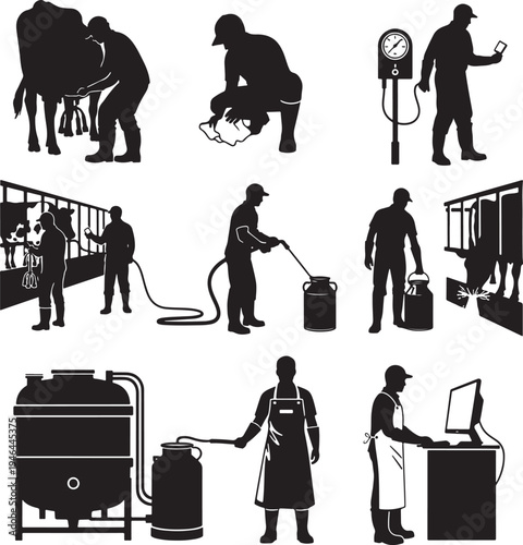 Set of 10 black silhouette farm worker icons vector