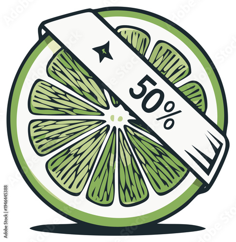 Lime slice illustration with 50 percent discount banner for food promotion.